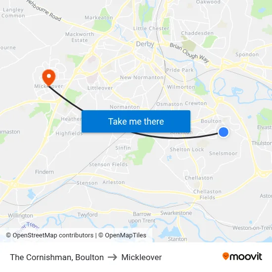 The Cornishman, Boulton to Mickleover map