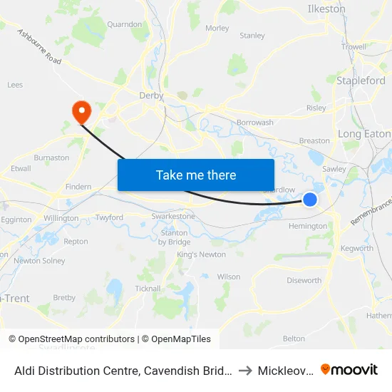 Aldi Distribution Centre, Cavendish Bridge to Mickleover map