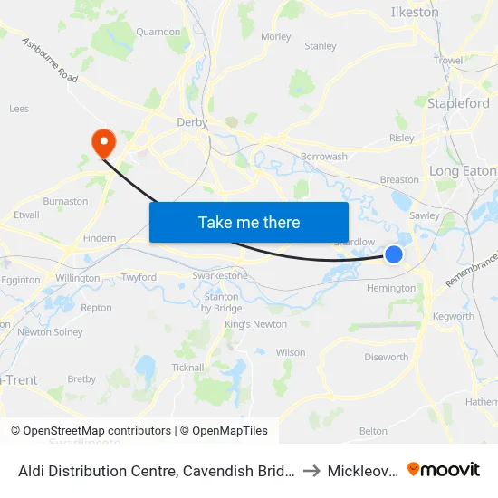 Aldi Distribution Centre, Cavendish Bridge to Mickleover map