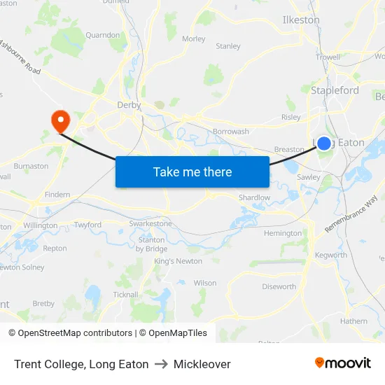 Trent College, Long Eaton to Mickleover map