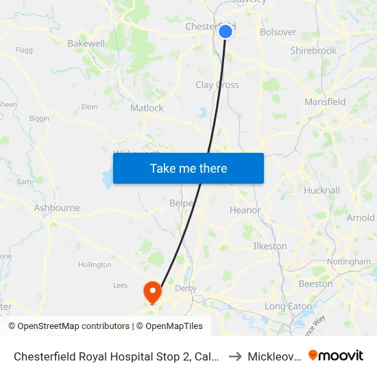 Chesterfield Royal Hospital Stop 2, Calow to Mickleover map