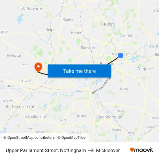 Upper Parliament Street, Nottingham to Mickleover map