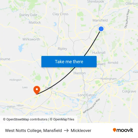 West Notts College, Mansfield to Mickleover map