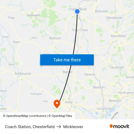 Coach Station, Chesterfield to Mickleover map