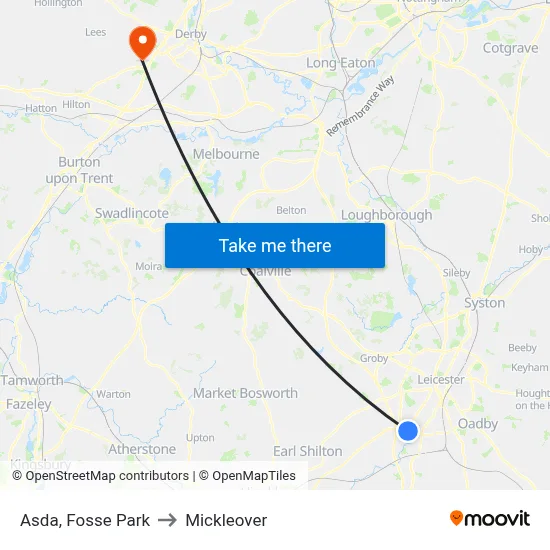 Asda, Fosse Park to Mickleover map