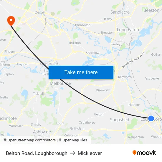 Belton Road, Loughborough to Mickleover map