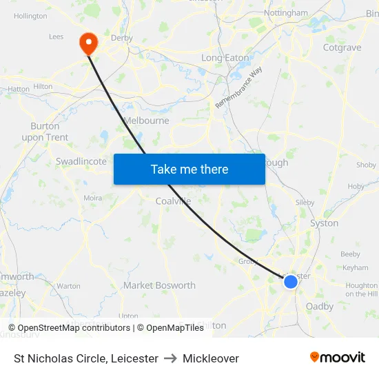 St Nicholas Circle, Leicester to Mickleover map