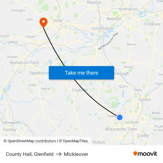County Hall, Glenfield to Mickleover map