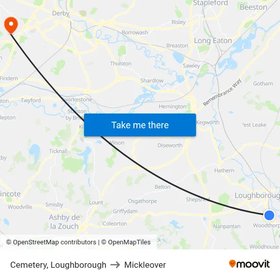 Cemetery, Loughborough to Mickleover map