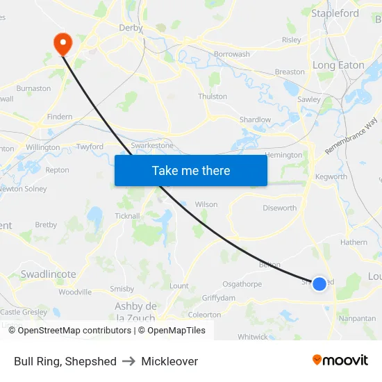 Bull Ring, Shepshed to Mickleover map