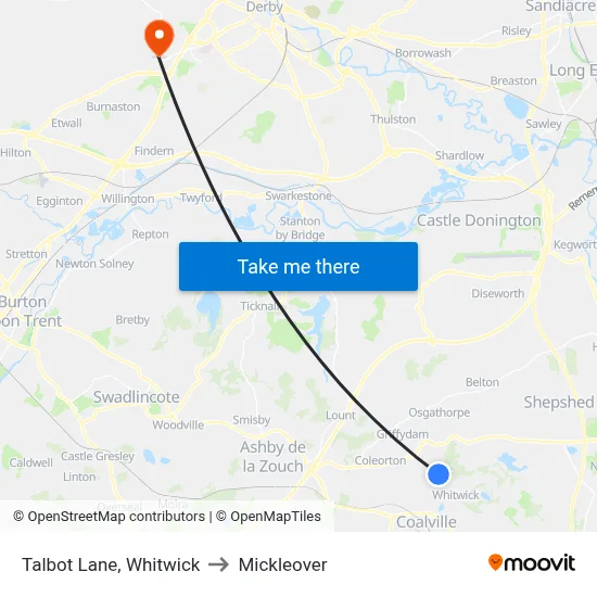 Talbot Lane, Whitwick to Mickleover map