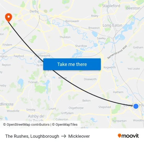 The Rushes, Loughborough to Mickleover map