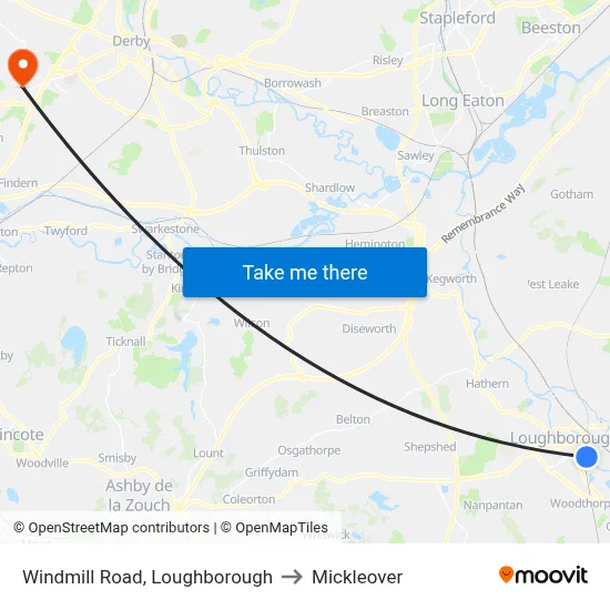 Windmill Road, Loughborough to Mickleover map