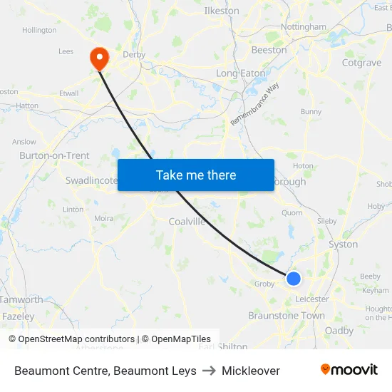 Beaumont Centre, Beaumont Leys to Mickleover map