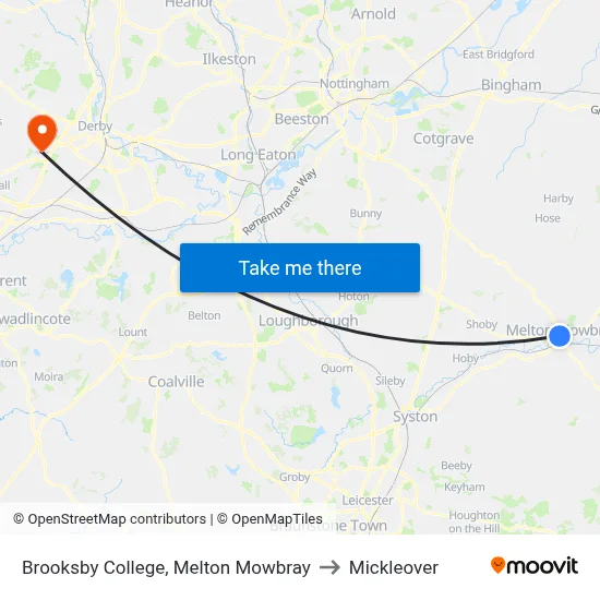 Brooksby College, Melton Mowbray to Mickleover map