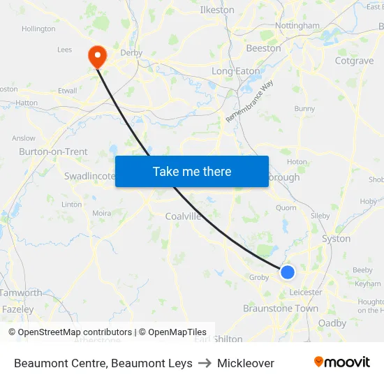 Beaumont Centre, Beaumont Leys to Mickleover map