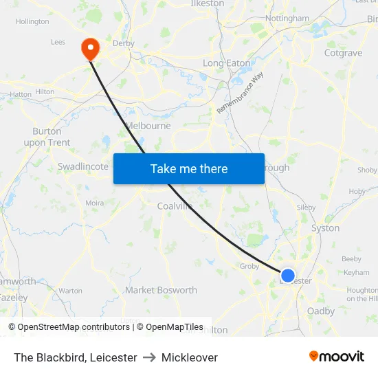 The Blackbird, Leicester to Mickleover map