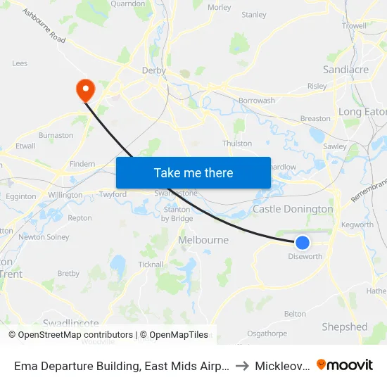 Ema Departure Building, East Mids Airport to Mickleover map