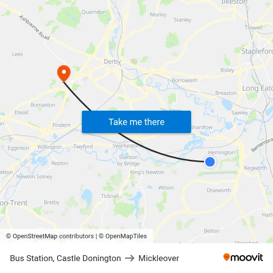 Bus Station, Castle Donington to Mickleover map