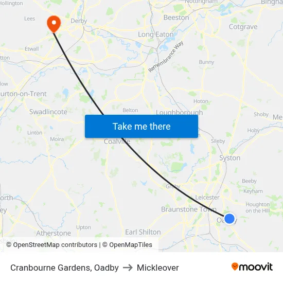 Cranbourne Gardens, Oadby to Mickleover map