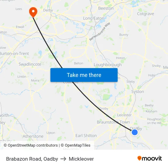Brabazon Road, Oadby to Mickleover map