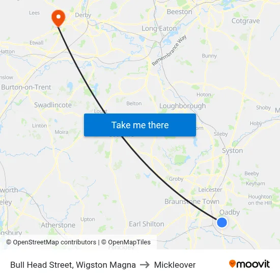 Bull Head Street, Wigston Magna to Mickleover map