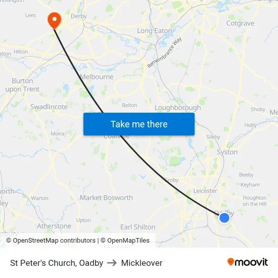 St Peter's Church, Oadby to Mickleover map