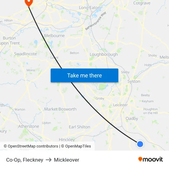 Co-Op, Fleckney to Mickleover map