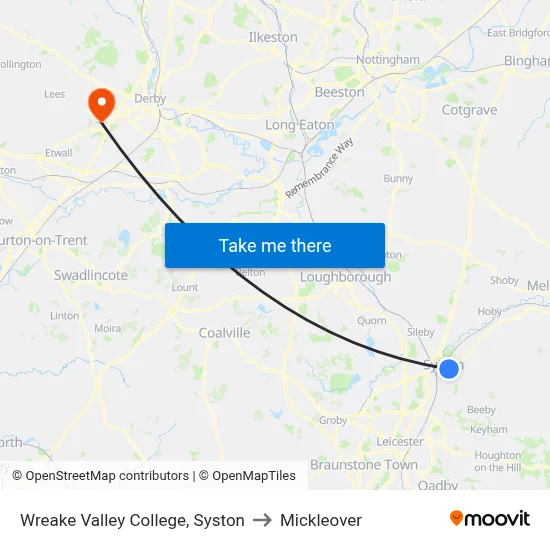 Wreake Valley College, Syston to Mickleover map