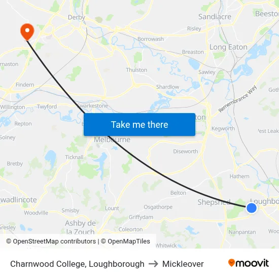 Charnwood College, Loughborough to Mickleover map