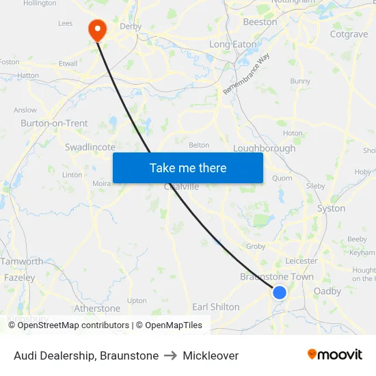 Audi Dealership, Braunstone to Mickleover map