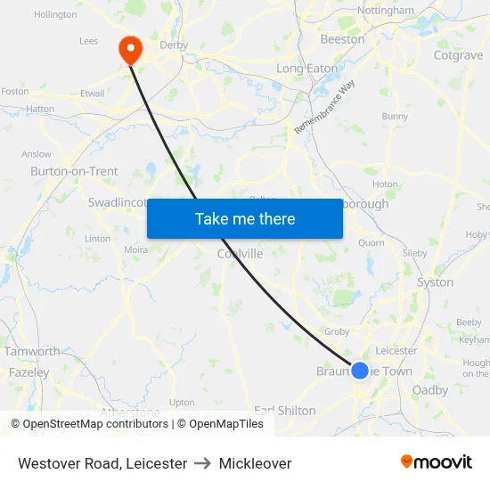Westover Road, Leicester to Mickleover map