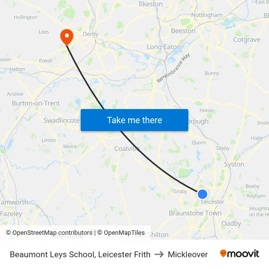 Beaumont Leys School, Leicester Frith to Mickleover map