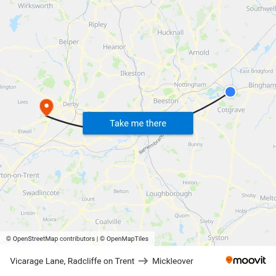 Vicarage Lane, Radcliffe on Trent to Mickleover map