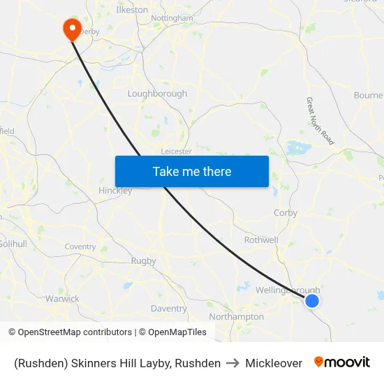 (Rushden) Skinners Hill Layby, Rushden to Mickleover map