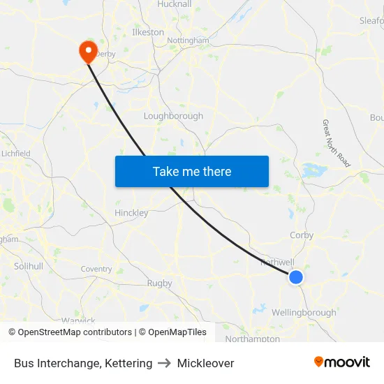 Bus Interchange, Kettering to Mickleover map