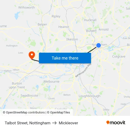 Talbot Street, Nottingham to Mickleover map