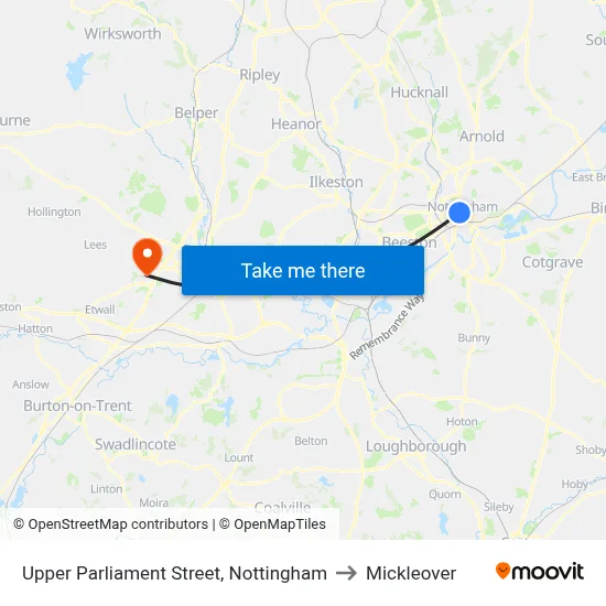 Upper Parliament Street, Nottingham to Mickleover map
