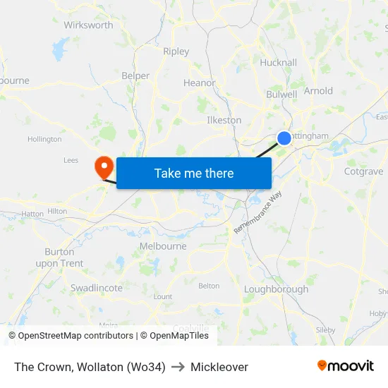 The Crown, Wollaton (Wo34) to Mickleover map