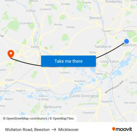 Wollaton Road, Beeston to Mickleover map