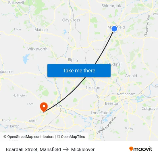 Beardall Street, Mansfield to Mickleover map
