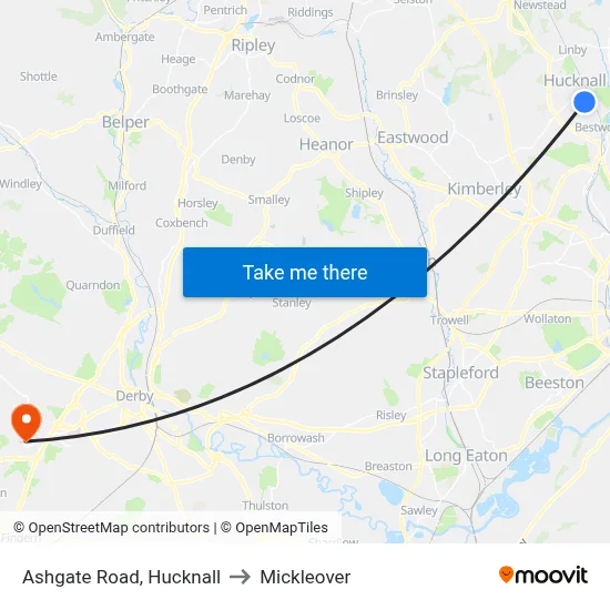 Ashgate Road, Hucknall to Mickleover map