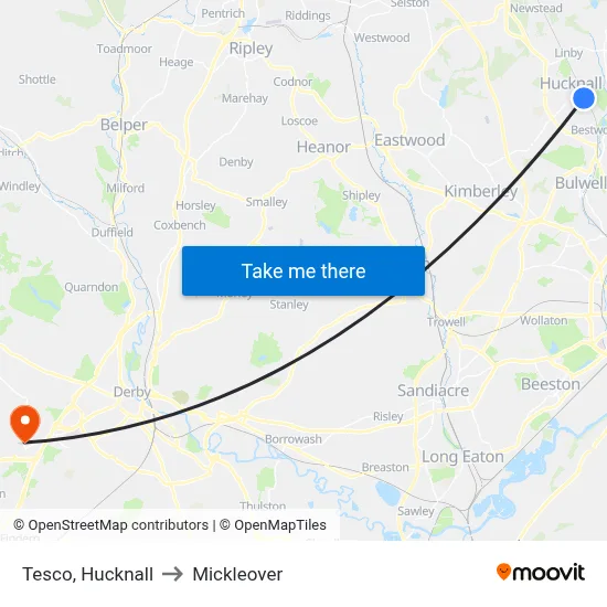 Tesco, Hucknall to Mickleover map