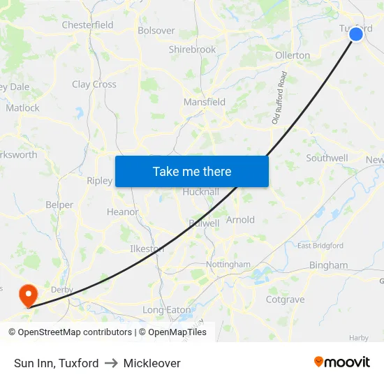 Sun Inn, Tuxford to Mickleover map
