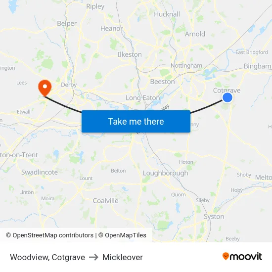 Woodview, Cotgrave to Mickleover map