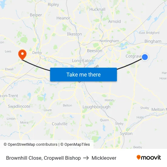 Brownhill Close, Cropwell Bishop to Mickleover map