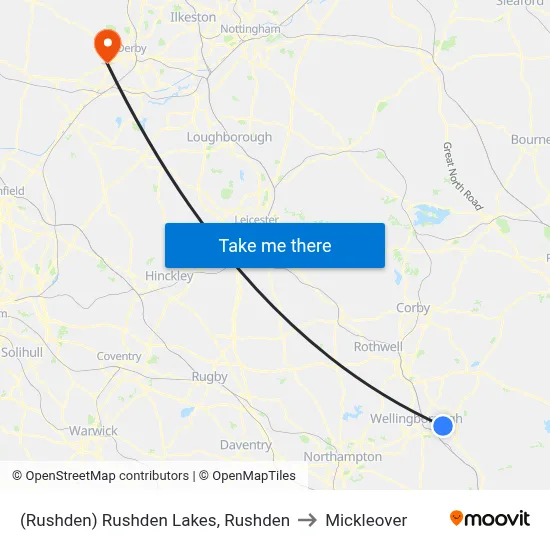 (Rushden) Rushden Lakes, Rushden to Mickleover map