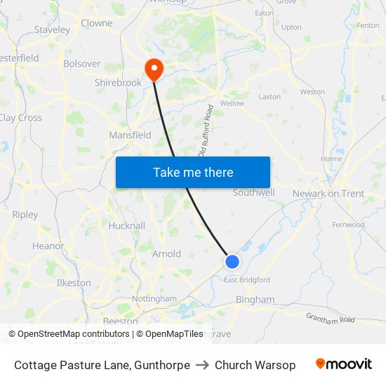 Cottage Pasture Lane, Gunthorpe to Church Warsop map