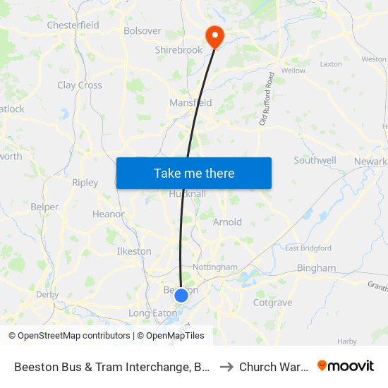 Beeston Bus & Tram Interchange, Beeston to Church Warsop map