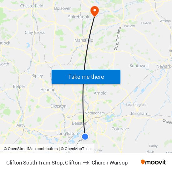 Clifton South Tram Stop, Clifton to Church Warsop map